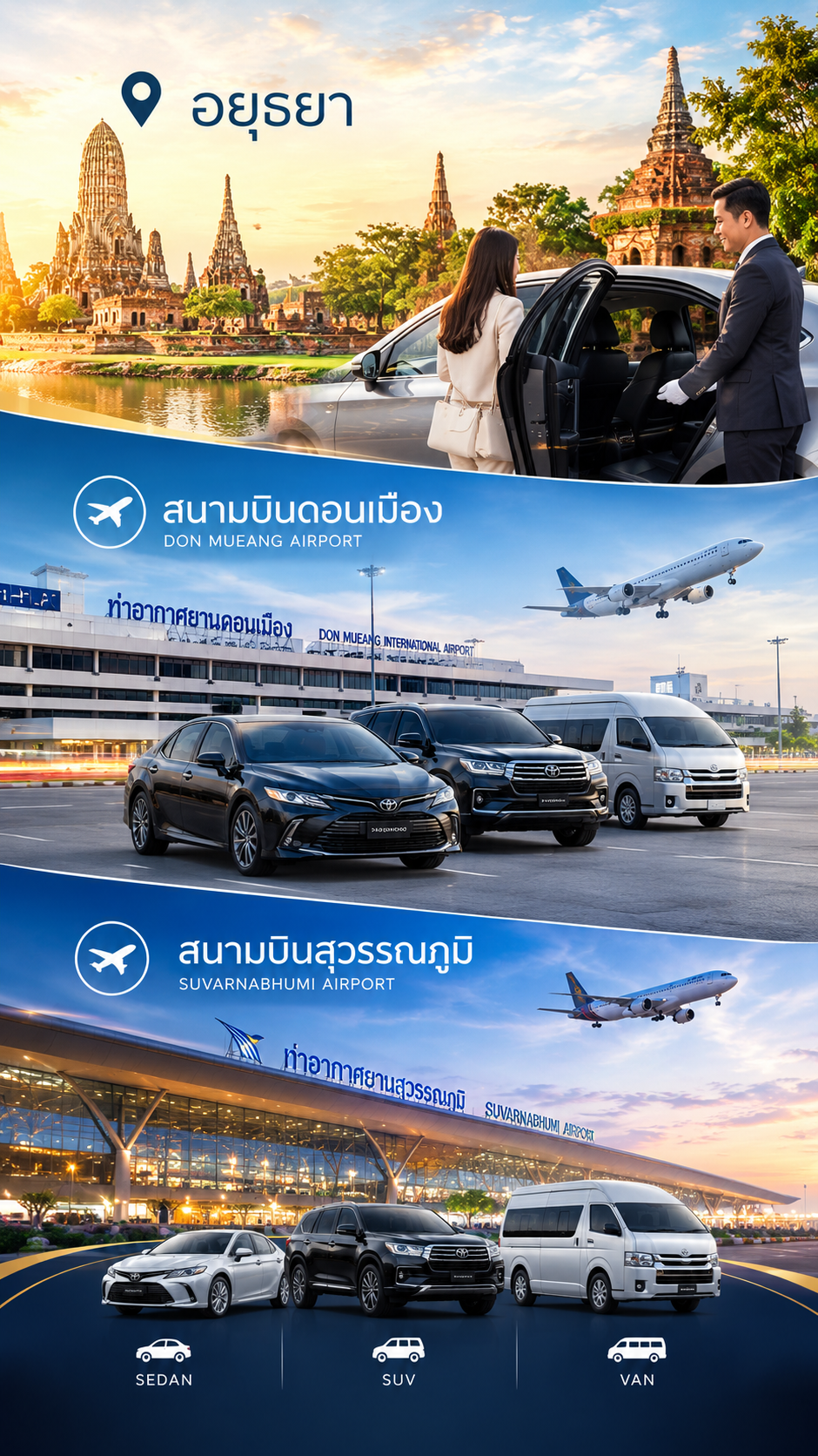 อยุธยา → สนามบินดอนเมือง → สนามบินสุวรรณภูมิ