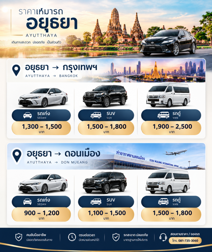 ราคาเหมารถอยุธยา→ กรุงเทพฯ → สนามบินดอนเมือง
